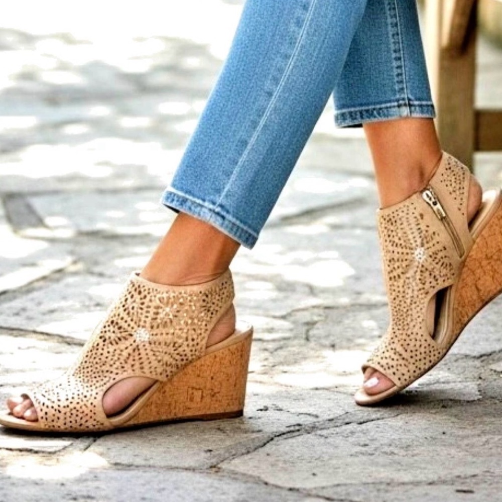 Alex Marie Tan Brown Perforated Leather Studded Zip Wedge Sandals 8M